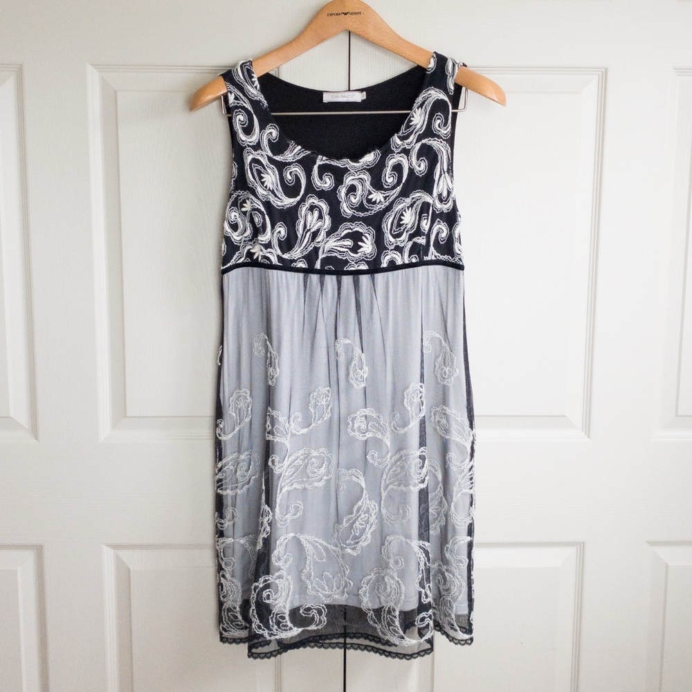 Elisa Cavaletti Black White Floral Embroidered Sheer Net Mesh Dress Size Large